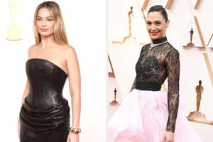 Margot Robbie in a strapless gown and Gal Gadot in a lacy, long-sleeved top paired with a voluminous skirt, both posing at a red carpet event