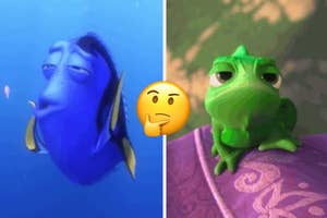 Dory from Finding Nemo looks sleepy on the left, and Pascal from Tangled looks skeptical on the right, with a thinking emoji in the middle