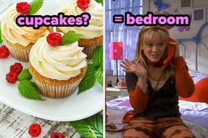 Cupcakes on a plate with berries and mints on the left. On the right, a scene from "Lizzie McGuire" with a character on the phone in a bedroom. Text reads "cupcakes? = bedroom"
