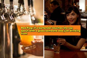 Person serving a drink at a bar with a quote overlay: "If I see a bartender touch the tap spout with a glass someone was just drinking from I immediately leave."
