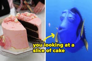 A sliced cake is on the left. On the right is Dory from Finding Nemo with closed eyes. Text reads, "you looking at a slice of cake" with an arrow pointing at Dory