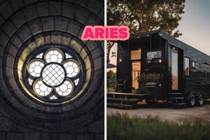 Left image: Stained glass window with the word "ARIES." Right image: Modern black tiny house at dusk with trees in the background