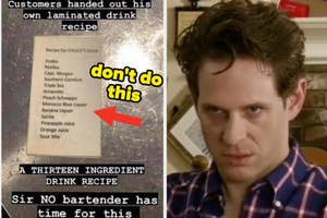 Image showing a laminated drink recipe card with 13 ingredients listed on the left, labeled “Recipe for CHUCK’S Drink.” Text reads, “don’t do this.” On the right, a man looks skeptical