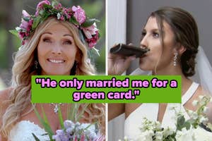 "He only married me for a green card" over an anxious bride and a bride drinking from a flask
