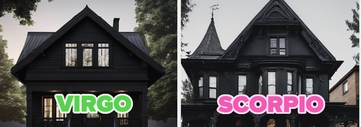 Side-by-side comparison of two houses labeled "VIRGO" and "SCORPIO," reflecting distinct architectural styles related to each zodiac sign