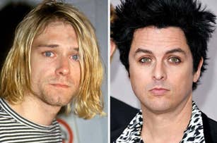 Kurt Cobain (left) with shoulder-length hair in a striped shirt, next to Billie Joe Armstrong (right) with styled hair in a patterned shirt