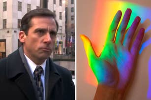 On the left, Michael Scott in front of Rockefeller Center, and on the right, a rainbow reflecting onto a hand