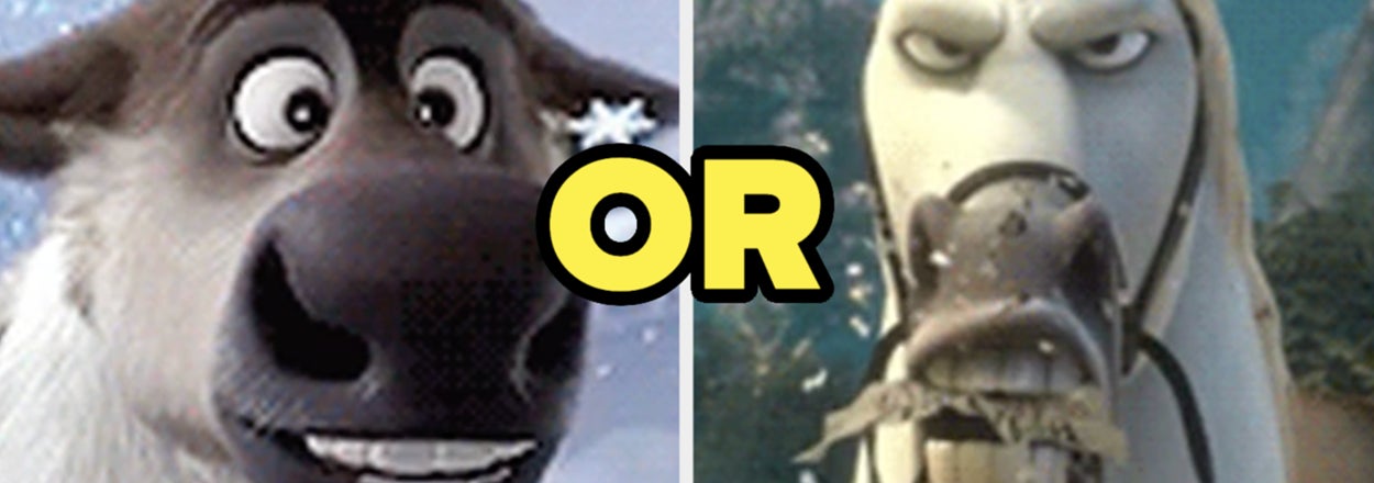 Split image: Sven (a reindeer) from Frozen on left, and Maximus (a horse) from Tangled on right, both with expressive faces. Text in the center says "OR"