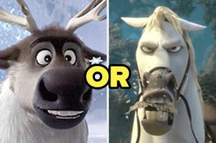 Split image: Sven (a reindeer) from Frozen on left, and Maximus (a horse) from Tangled on right, both with expressive faces. Text in the center says "OR"