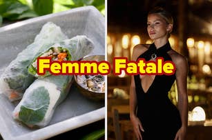 Spring rolls with sauce on left, woman in a black halter-neck dress on right, with "Femme Fatale" text in the center