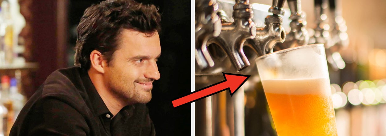 Jake Johnson at a bar, seated with a drink on the table, next to a separate image of a hand holding a beer glass being filled from a tap
