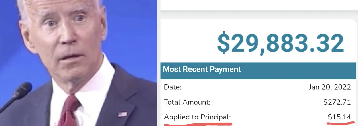 Joe Biden appears surprised next to a screen showing an account overview with a balance of $29,883.32. Recent payment: $272.71 with $15.14 applied to principal and $257.57 to interest