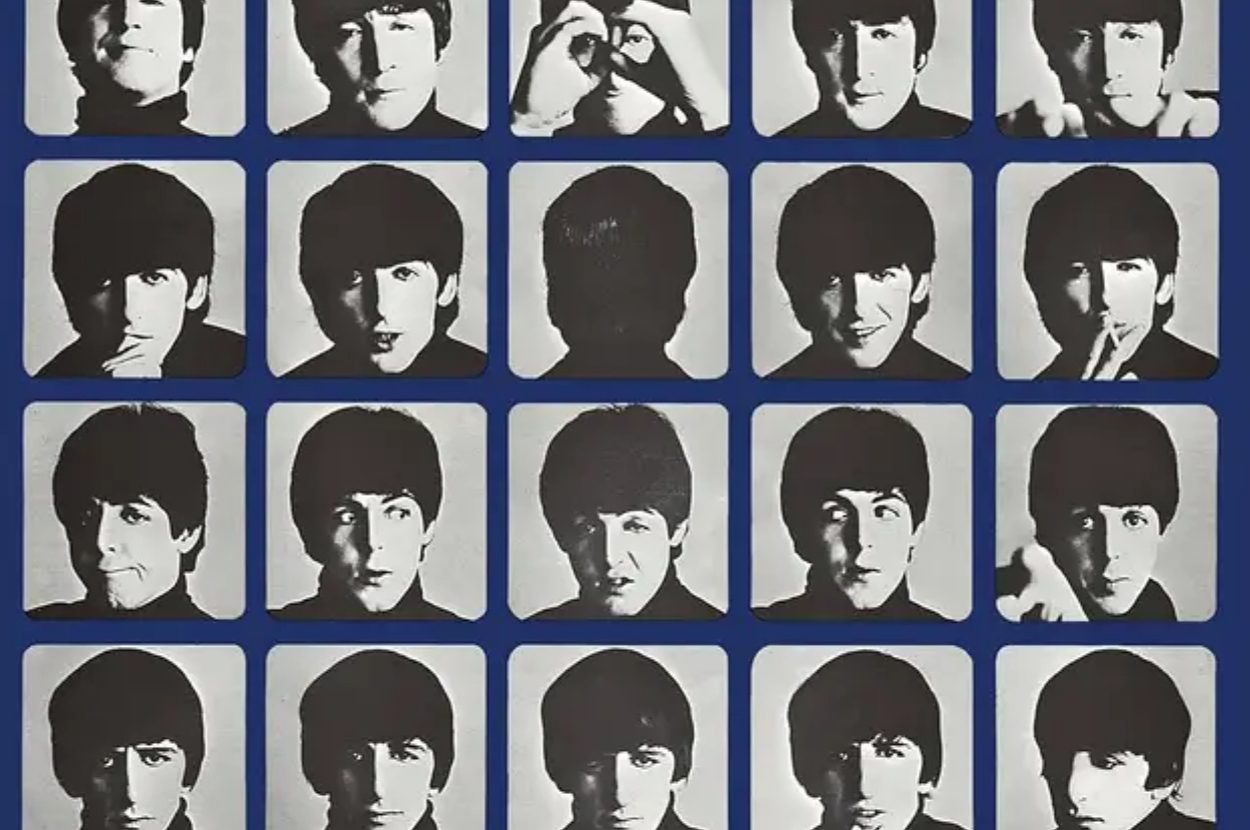 Grid of headshots featuring Paul McCartney, John Lennon, George Harrison, and Ringo Starr from The Beatles, set against a blue background