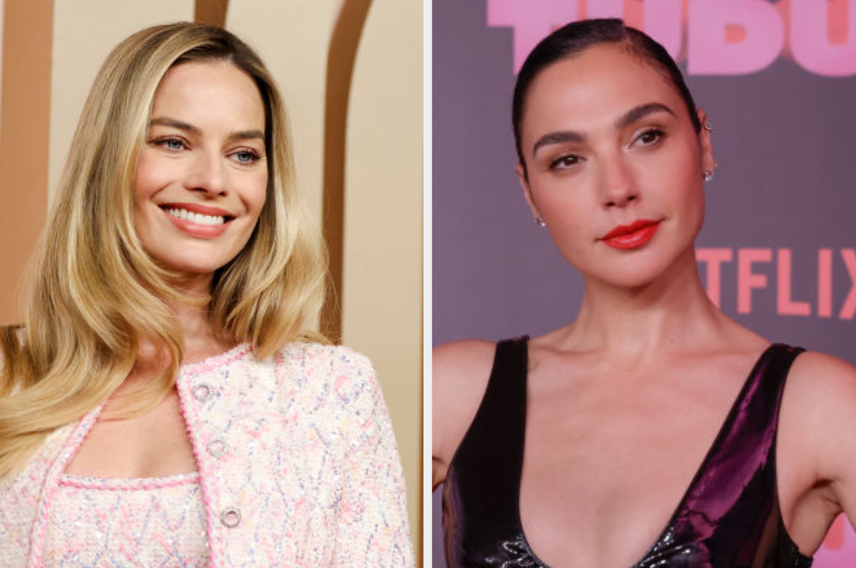 Margot Robbie in a chic pastel outfit smiles on the left. Gal Gadot in a sleek black dress gazes to the side on the right