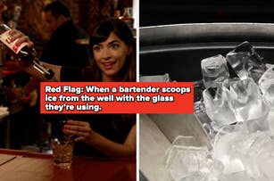 Bartender pours drink; text reads, "Red Flag: When a bartender scoops ice from the well with the glass they're using." Adjacent image shows ice cubes in a container