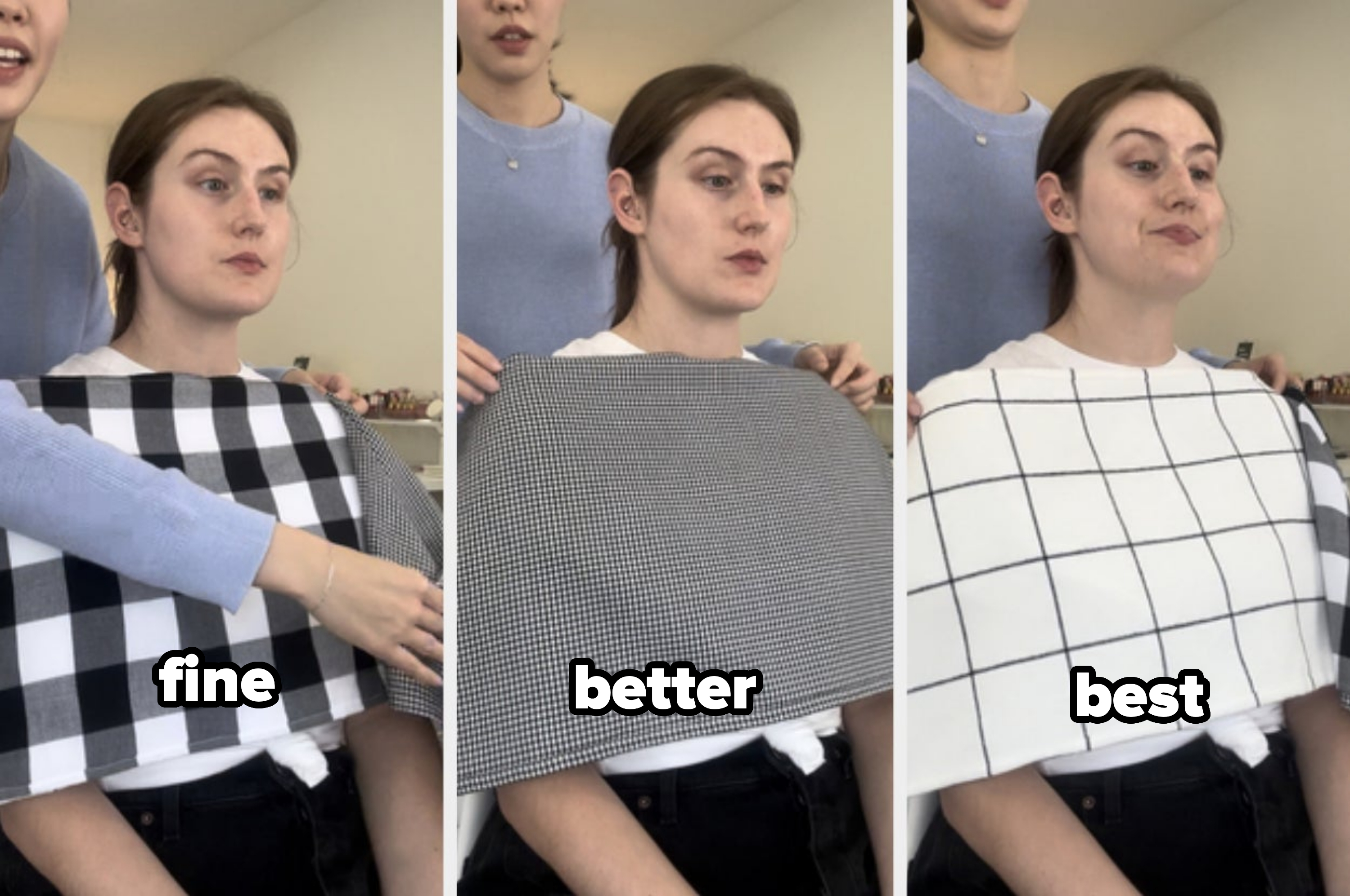 Side-by-side photos of a woman being shown different black-and-white patterned fabrics by another woman
