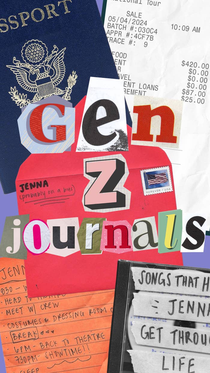 A collage titled &quot;Gen Z Journals&quot; featuring travel documents, receipts, and handwritten notes detailing daily activities like meeting with crew, songs, and theater prep