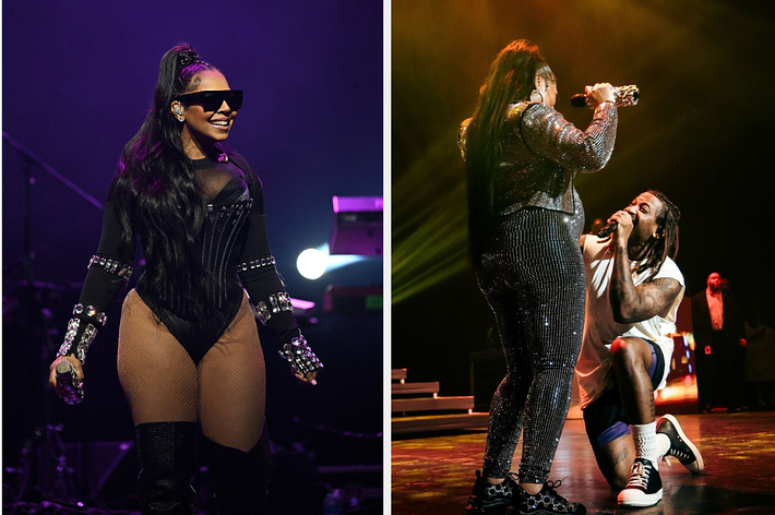 Ashanti performs on stage in a form-fitting black outfit. Offset, in a white outfit, kneels before Ashanti while performing together
