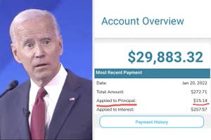 Joe Biden appears surprised next to a screen showing an account overview with a balance of $29,883.32. Recent payment: $272.71 with $15.14 applied to principal and $257.57 to interest