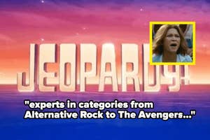Jeopardy! logo with caption "experts in categories from Alternative Rock to The Avengers..." A highlighted silhouette may refer to a contestant or host