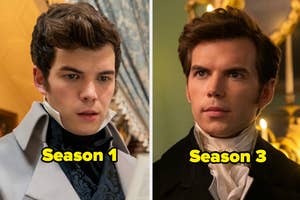 Side-by-side images of Jonathan Bailey in Bridgerton Season 1 and Season 3, displaying costume changes in period attire. Text reads: "Season 1" and "Season 3."
