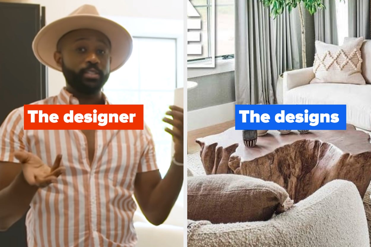 Man wearing a striped shirt and hat identified as a designer stands next to a cozy living room scene showcasing his interior design work, including a rustic coffee table