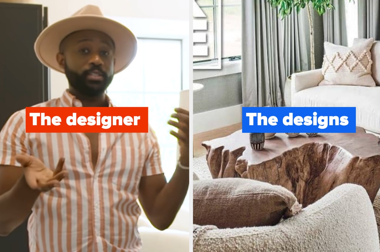 Man wearing a striped shirt and hat identified as a designer stands next to a cozy living room scene showcasing his interior design work, including a rustic coffee table