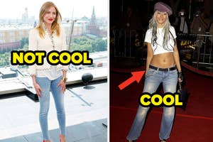 Cameron Diaz on the left in skinny jeans "Not Cool." Christina Aguilera on the right in low-rise, loose jeans labeled "Cool"