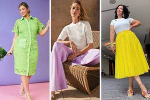 Three women posing in stylish outfits. From left: green lace dress, white knit top with lilac pants, white tee with yellow skirt