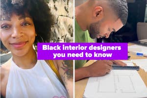 Collage of two black interior designers, the first woman smiling, the second man drafting at a table. Text: Black interior designers you need to know