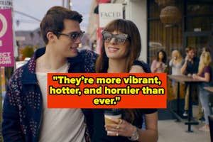 Brendon Urie and Dakota Johnson walk arm-in-arm holding coffee cups with the text "They're more vibrant, hotter, and hornier than ever." in bold over the image