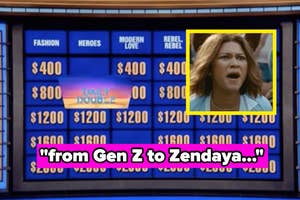 Jeopardy-style game board with categories: Fashion, Heroes, Modern Love, Rebel, and Tech. Inset image of character Jenna Ortega yelling. Text: "from Gen Z to Zendaya..."