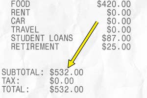 A printed receipt shows monthly expenses: $420 for food, $0 for rent, car, and travel, $87 for student loans, $25 for retirement, totaling $532 with no tax