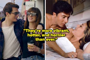 On the left, a man and woman smile and walk together, she holds a coffee cup. On the right, a man and woman in an intimate moment on bed. Text: "They're more vibrant, hotter, and hornier than ever."