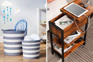 Two images side by side: left shows two striped baskets, one with laundry and a racket; right shows a wooden side table with an open compartment holding an iPad and other items