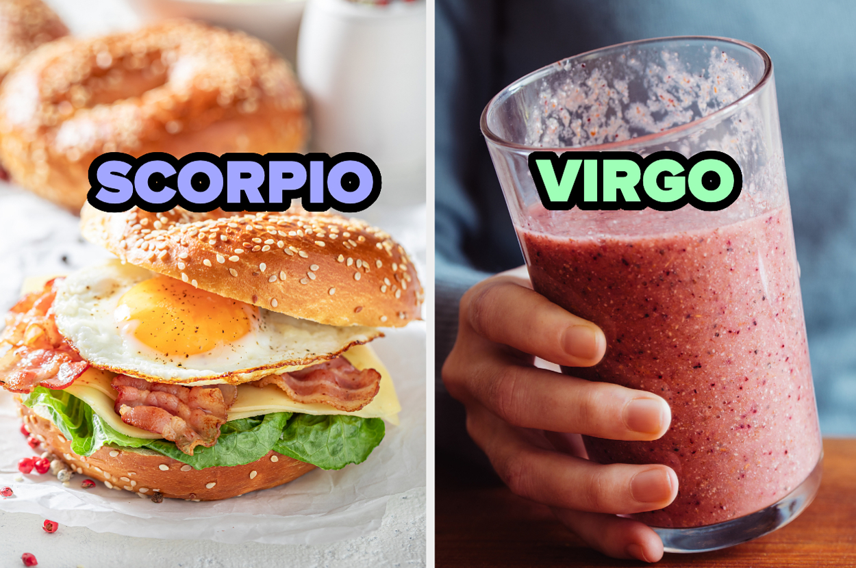 On the left, a sandwich with fried egg, lettuce, cheese, and bacon labeled "Scorpio." On the right, a person holding a smoothie labeled "Virgo."