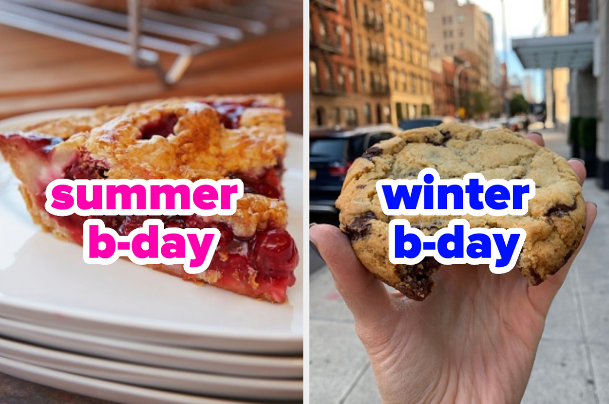 Two images side by side: left shows a slice of cherry pie with the text "summer b-day", right shows a hand holding a chocolate chip cookie with the text "winter b-day"