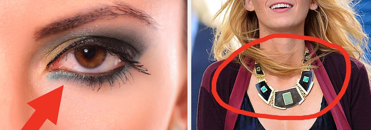 Left image: Close-up of a woman’s eye with dark smoky eye makeup; Right image: Blake Lively smiling, with a circle around her statement necklace
