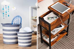 Two images side by side: left shows two striped baskets, one with laundry and a racket; right shows a wooden side table with an open compartment holding an iPad and other items