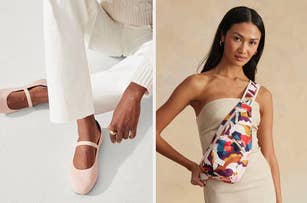 On the left, a person is seated showing pink shoes. On the right, a person models a floral crossbody bag while wearing a strapless outfit