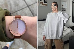 A wrist wearing a stylish watch with a brown leather band is on the left. On the right, a person in a grey oversized sweatshirt and brown pants takes a mirror selfie