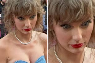 Taylor Swift on the red carpet, wearing a strapless dress and a pearl necklace, with curly hair and red lipstick
