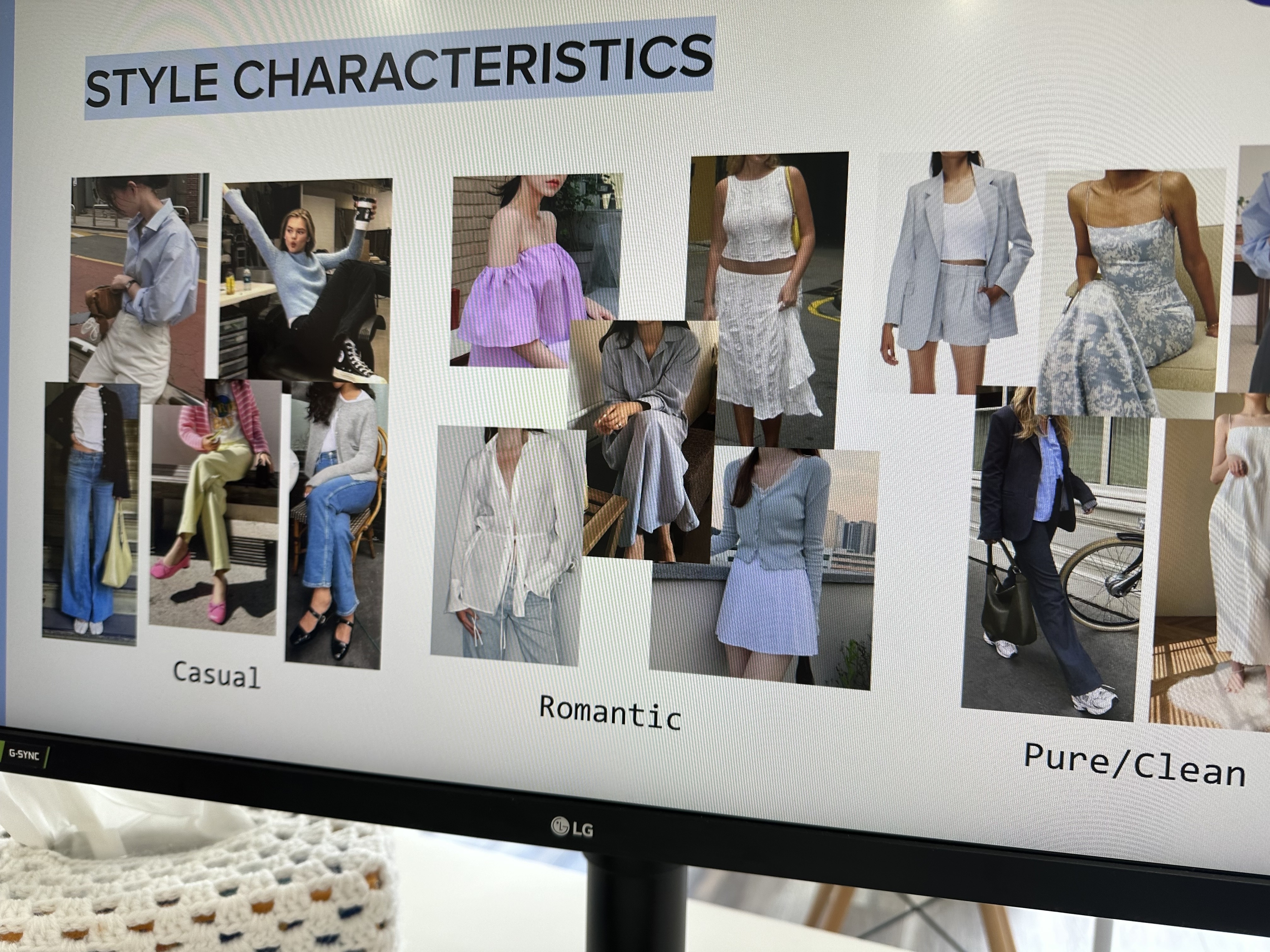 A computer monitor displays a fashion guide with three style categories: Casual, Romantic, and Pure/Clean. Each category is shown with outfit examples