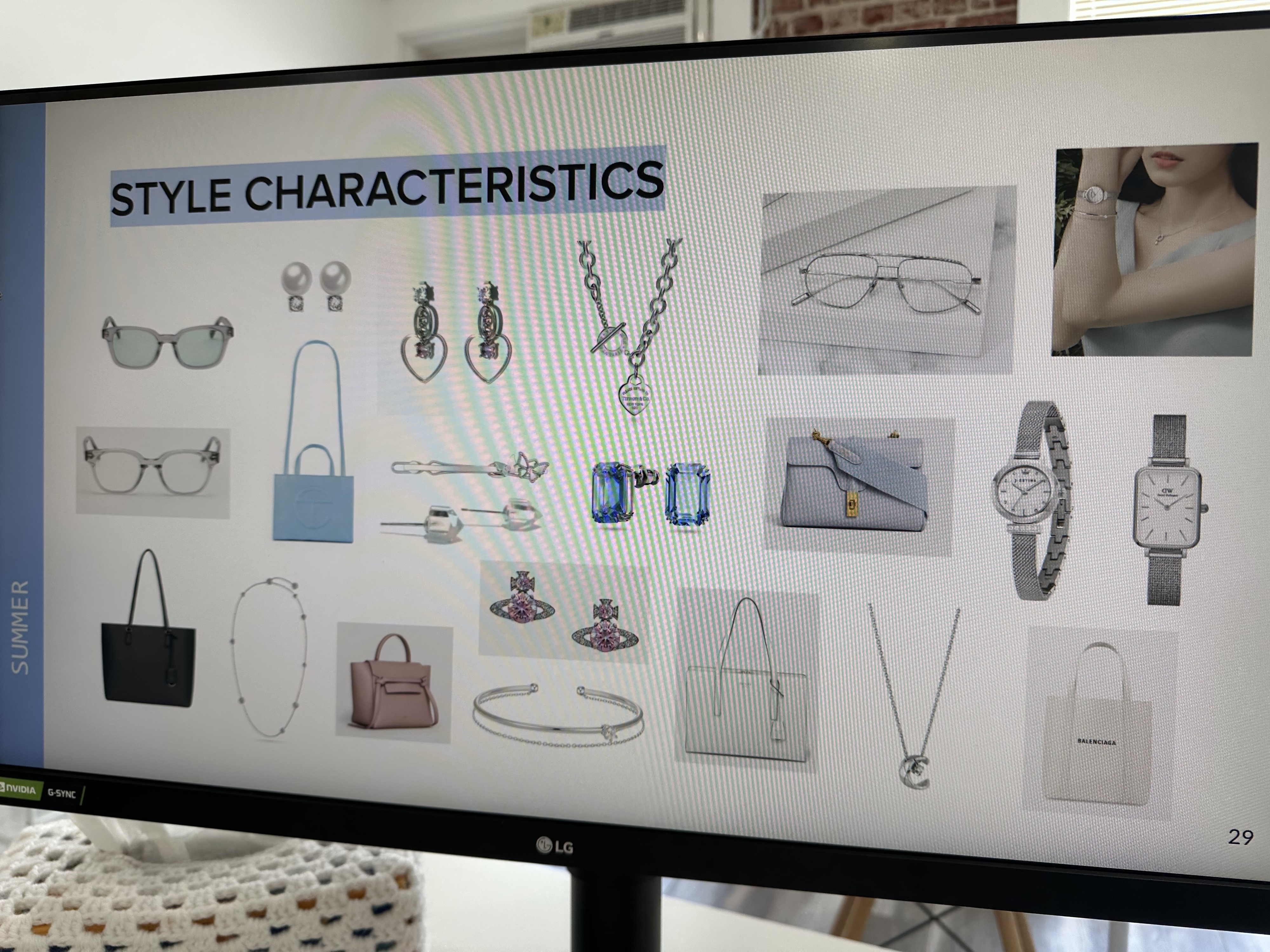 Slide displaying various fashion accessories such as bags, jewelry, glasses, and watches, titled &quot;Style Characteristics.&quot;