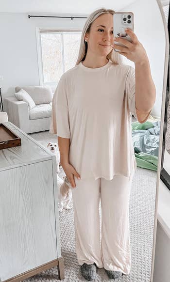 Reviewer wearing a pick lounge set