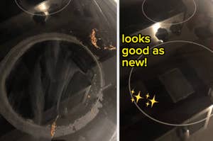 Before and after close-up photos of a cleaned stovetop with text "looks good as new!" and sparkling graphics on the right photo
