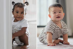 Two babies are shown. On the left, a smiling baby girl with pigtails wearing a white onesie crouches. On the right, a smiling baby boy wearing a striped onesie is in a crawling position