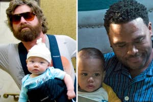 Zach Galifianakis holding a baby in a carrier, and Anthony Anderson holding a baby. Both appear to be in relaxed settings with their children