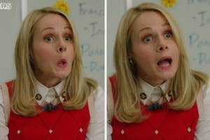 Kristen Bell making two comedic facial expressions, wearing a sleeveless argyle sweater over a white blouse with decorative collar buttons
