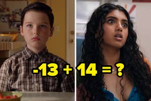 I don't know who these people are. The image shows two individuals, one is a child sitting at a table, and the other is an astonished teen. The text between them reads "-13 + 14 = ?"